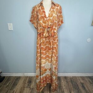 Beatriz Camacho 100% Silk Front Short Sleeve Tie Shirt Asymmetrical Dress Size 8